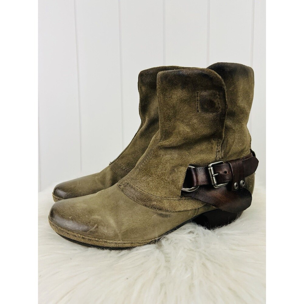 Miz Mooz Evelyn Olive Green Leather Waxed Suede Distressed Moto Boots EU39 US8